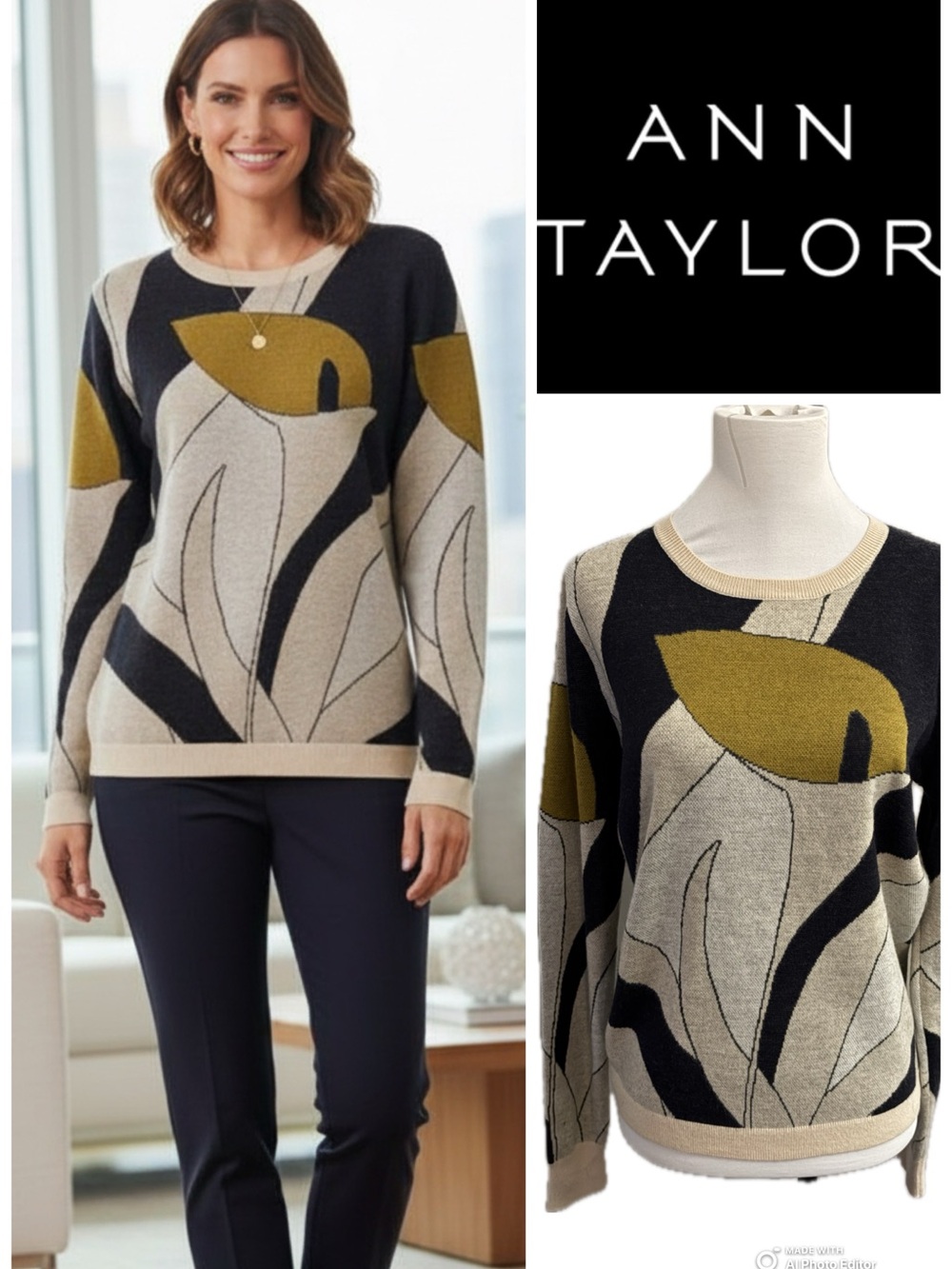 Ann Taylor Calla Lily Crewneck Sweater - Navy Gold Khaki Size M RARE